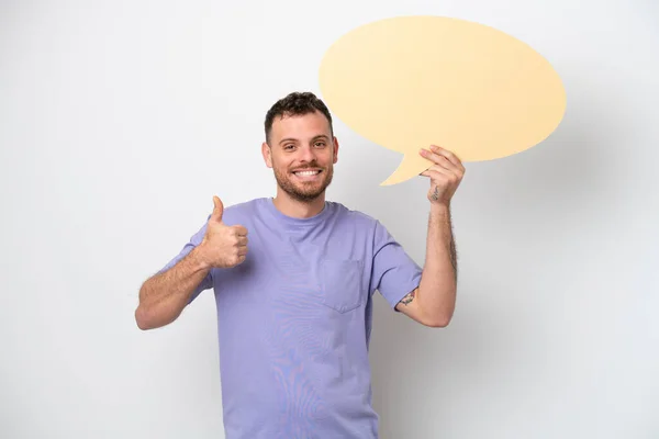 Young Brazilian Man Isolated White Background Holding Empty Speech Bubble — ストック写真