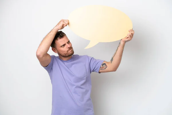 Young Brazilian Man Isolated White Background Holding Empty Speech Bubble — ストック写真