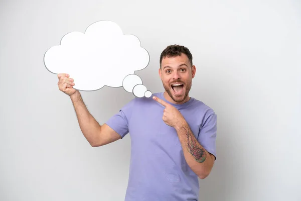 Young Brazilian Man Isolated White Background Holding Thinking Speech Bubble — Foto de Stock