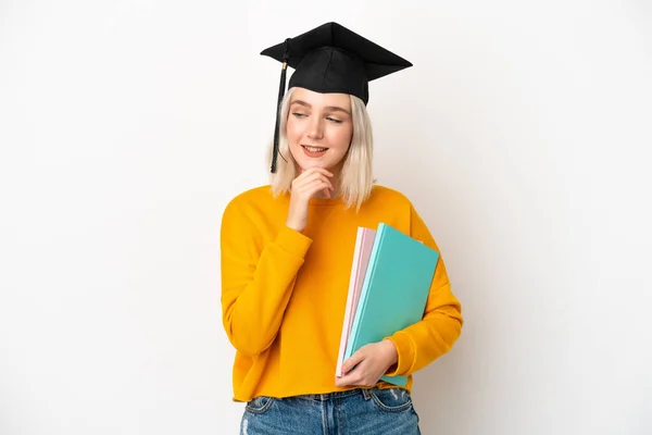 Young University Caucasian Woman Graduate Isolated White Background Looking Side — ストック写真