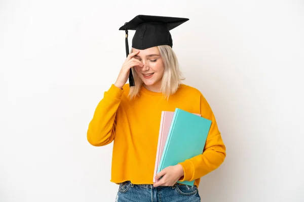 Young University Caucasian Woman Graduate Isolated White Background Laughing — Stock Photo, Image