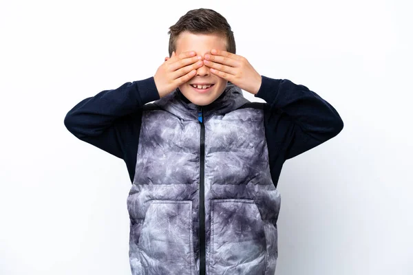 Little Boy Isolated White Background Covering Eyes Hands Smiling — Stok fotoğraf