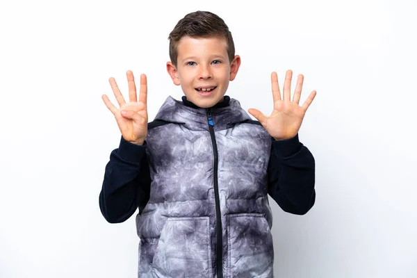 Little Boy Isolated White Background Counting Nine Fingers — Φωτογραφία Αρχείου
