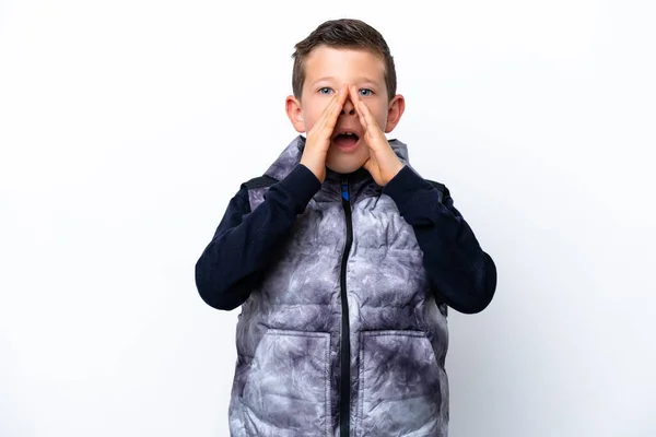 Little Boy Isolated White Background Shouting Announcing Something — Photo