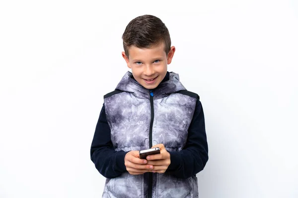 Little Boy Isolated White Background Sending Message Mobile — Stok fotoğraf