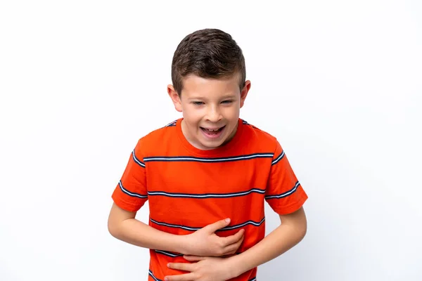 Menino Isolado Fundo Branco Sorrindo Muito — Fotografia de Stock