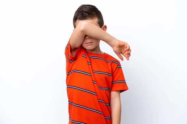 Little Boy Isolated White Background Covering Eyes Hands — Stock Fotó