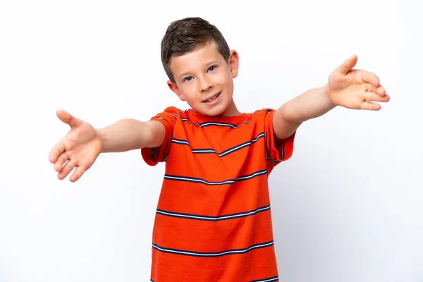 Little Boy Isolated White Background Presenting Inviting Come Hand — Foto de Stock