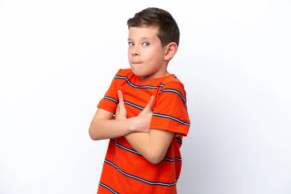 Little Boy Isolated White Background Making Doubts Gesture While Lifting — Foto Stock