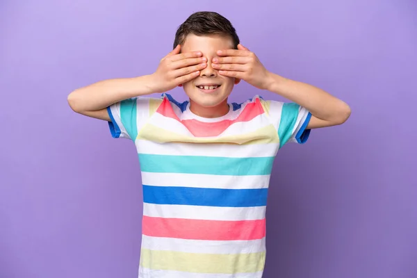 Little Boy Isolated Purple Background Covering Eyes Hands Smiling — Stockfoto