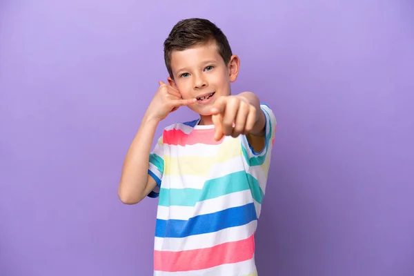 Little Boy Isolated Purple Background Making Phone Gesture Pointing Front — Photo