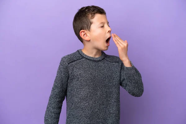 Little Boy Isolated Purple Background Yawning Covering Wide Open Mouth — Φωτογραφία Αρχείου