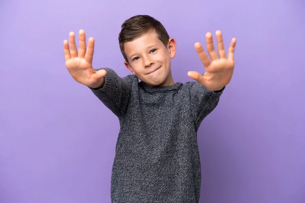 Little Boy Isolated Purple Background Counting Ten Fingers — Fotografia de Stock