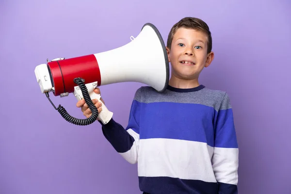 Little Boy Isolated Purple Background Holding Megaphone Stressed Expression — Stok fotoğraf