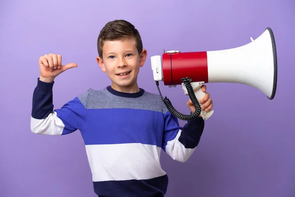 Little Boy Isolated Purple Background Holding Megaphone Proud Self Satisfied — Stok fotoğraf