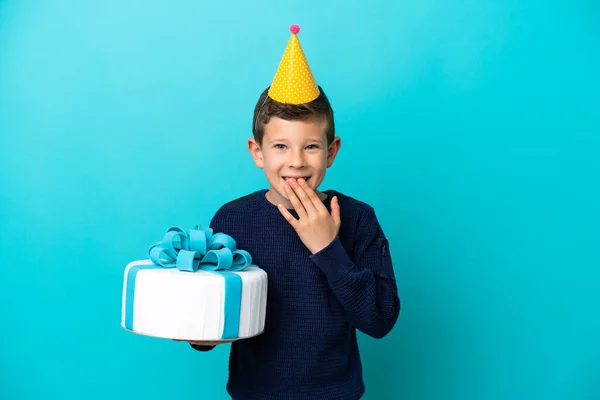 Little Boy Holding Birthday Cake Isolated Blue Background Happy Smiling —  Fotos de Stock