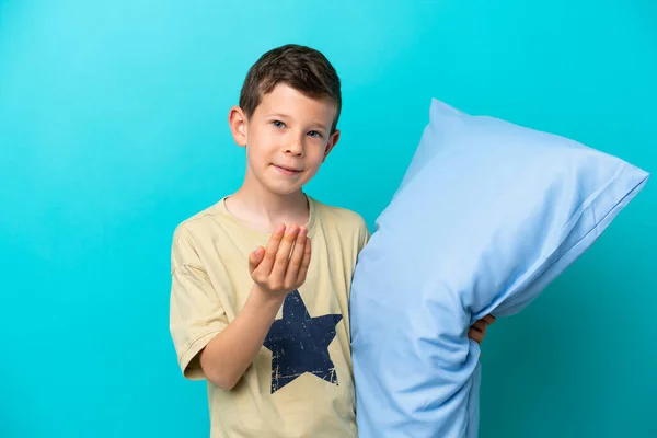 Little Boy Pajamas Isolated Blue Background Inviting Come Hand Happy — Photo