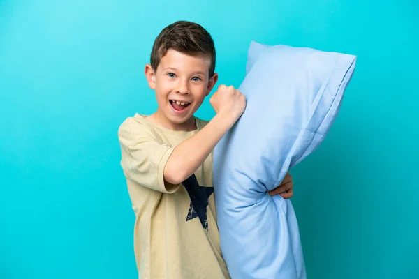 Little Boy Pajamas Isolated Blue Background Celebrating Victory — Stockfoto