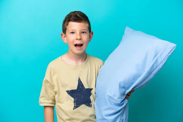 Little Boy Pajamas Isolated Blue Background Surprise Facial Expression — Photo