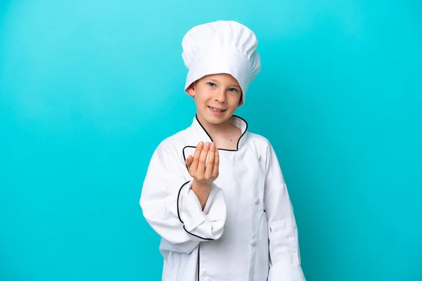 Little Chef Boy Isolated Blue Background Inviting Come Hand Happy — Foto Stock