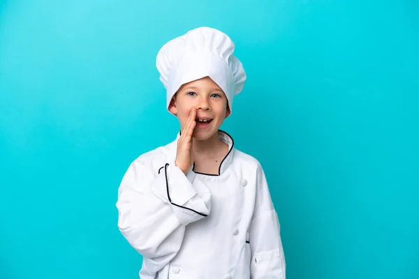 Little Chef Boy Isolated Blue Background Shouting Mouth Wide Open — Foto Stock