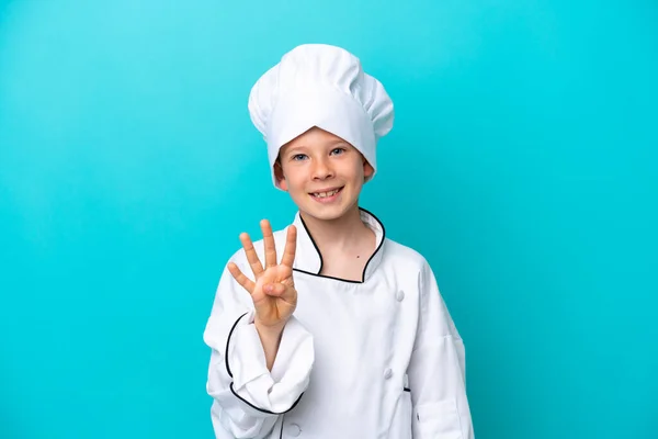 Little Chef Boy Isolated Blue Background Happy Counting Four Fingers — Foto Stock