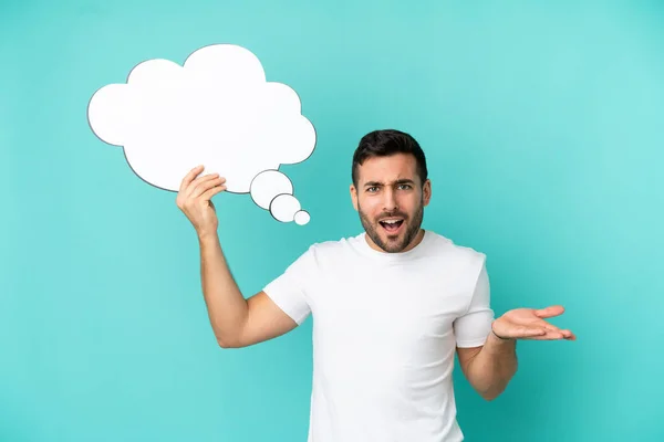 Young Handsome Caucasian Man Isolated Blue Background Holding Thinking Speech — Stok fotoğraf