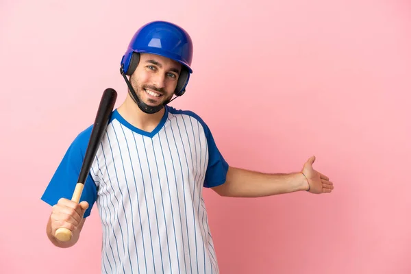 Baseball Player Helmet Bat Isolated Pink Background Extending Hands Side — Stock Photo, Image