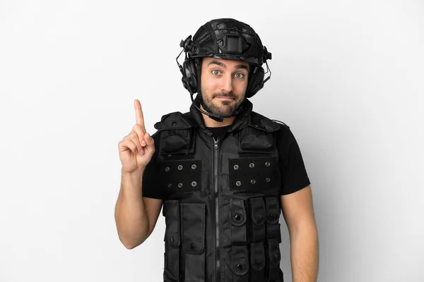 Young Caucasian Swat Isolated White Background Pointing Index Finger Great — Foto Stock