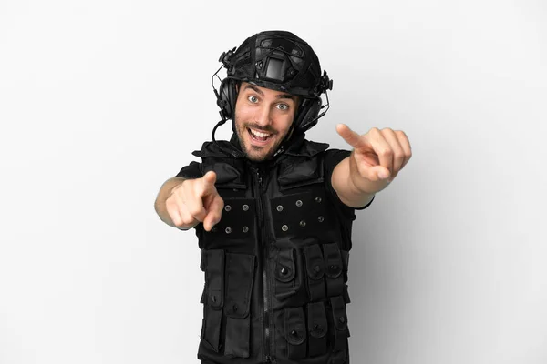 Young Caucasian Swat Isolated White Background Points Finger You While — Foto de Stock