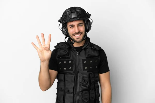 Young Caucasian Swat Isolated White Background Happy Counting Four Fingers — Stockfoto