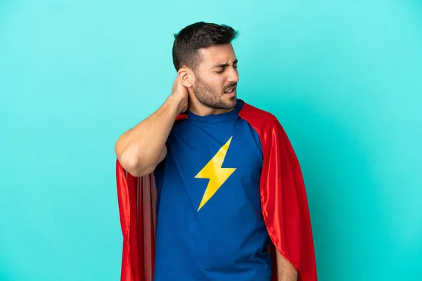 Super Hero Caucasian Man Isolated Blue Background Neckache — Fotografia de Stock