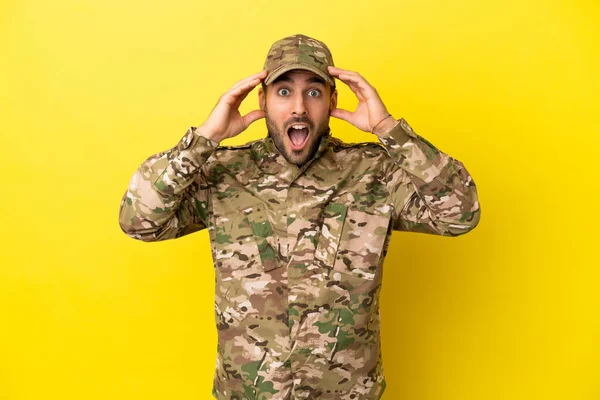 Military Man Isolated Yellow Background Surprise Expression — 图库照片