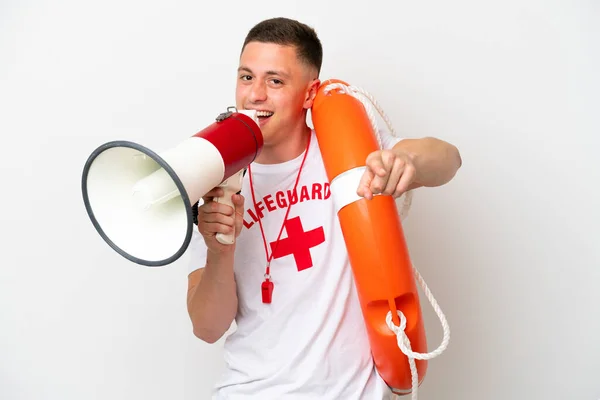Young Brazilian Man Isolated White Background Lifeguard Equipment Shouting Megaphone —  Fotos de Stock
