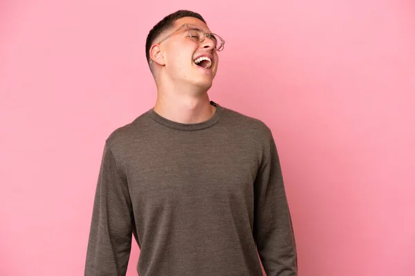 Young Brazilian Man Isolated Pink Background Laughing — Stock Photo, Image