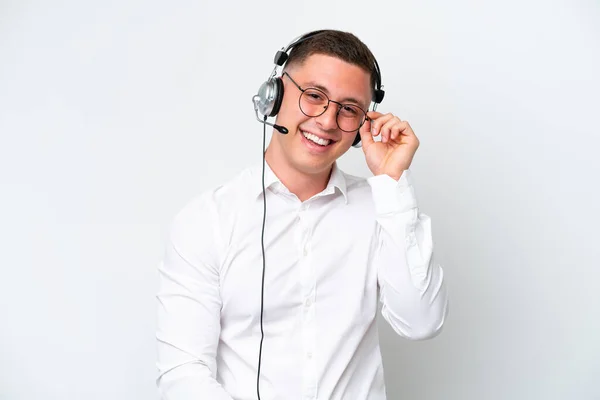 Telemarketer Brazilian Man Working Headset Isolated White Background Glasses Happy — Stockfoto