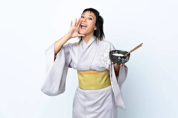 Young Woman Wearing Kimono Holding Bowl Noodles Isolated White Background — 图库照片