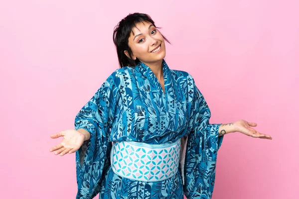 Young Woman Wearing Kimono Isolated Blue Background Happy Smiling —  Fotos de Stock