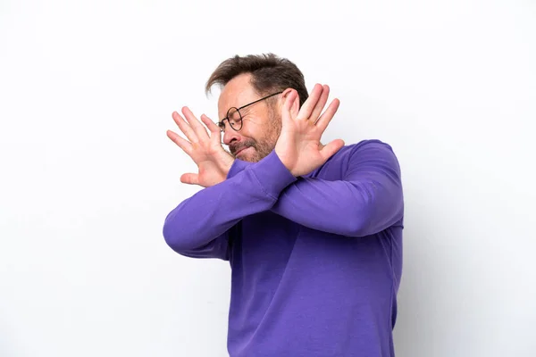 Middle Age Caucasian Man Isolated White Background Nervous Stretching Hands — Fotografia de Stock
