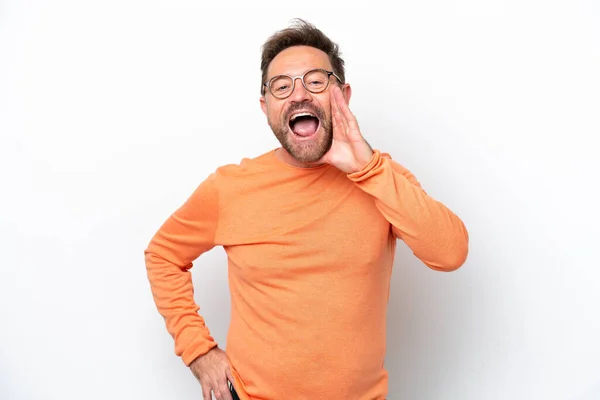 Middle Age Caucasian Man Isolated White Background Shouting Mouth Wide — Foto de Stock