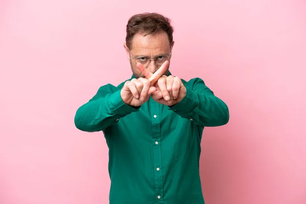 Middle Age Caucasian Man Isolated Pink Background Making Stop Gesture — Fotografia de Stock