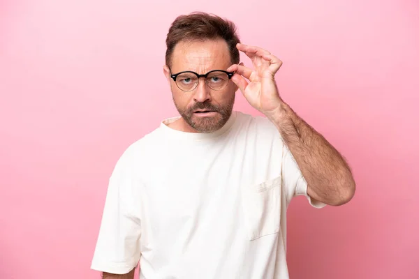 Middle Age Caucasian Man Isolated Pink Background Glasses Frustrated Expression — Stock Fotó