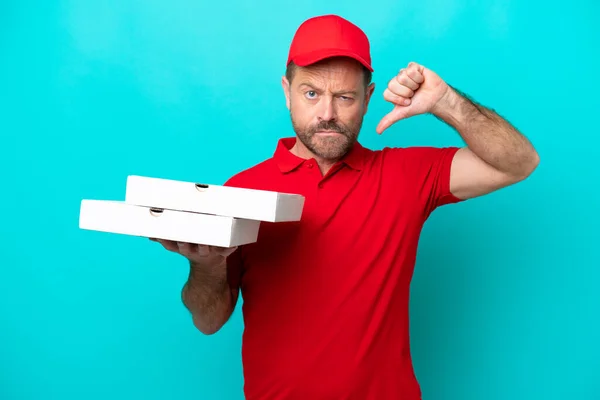 Pizza Delivery Man Work Uniform Picking Pizza Boxes Isolated Blue — 스톡 사진