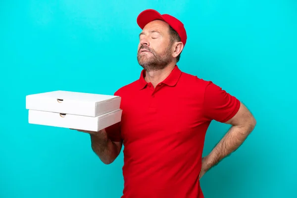 Pizza Delivery Man Work Uniform Picking Pizza Boxes Isolated Blue — Stockfoto