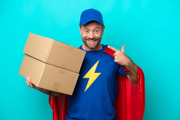 Super Hero Delivery Man Isolated Blue Background Giving Thumbs Gesture — Stock fotografie