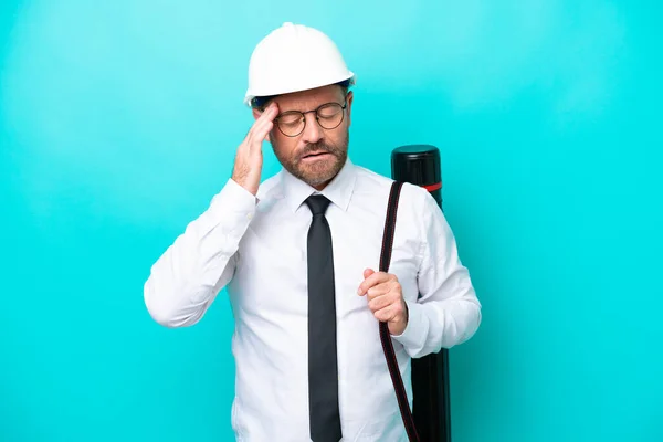 Middle Age Architect Man Helmet Holding Blueprints Isolated Blue Background — 스톡 사진