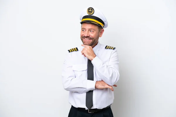 Airplane Middle Age Pilot Isolated White Background Looking Side — Fotografia de Stock