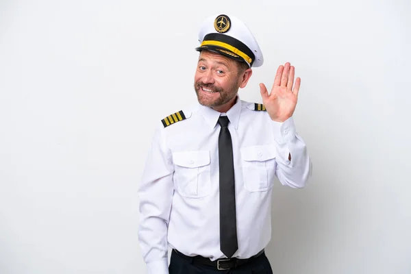 Airplane Middle Age Pilot Isolated White Background Saluting Hand Happy — Stockfoto