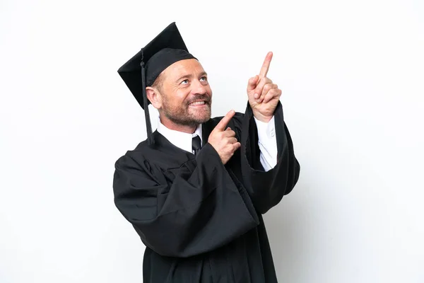 Middle Age University Graduate Man Isolated White Background Pointing Index — Stok fotoğraf