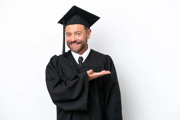 Middle Age University Graduate Man Isolated White Background Presenting Idea — Zdjęcie stockowe